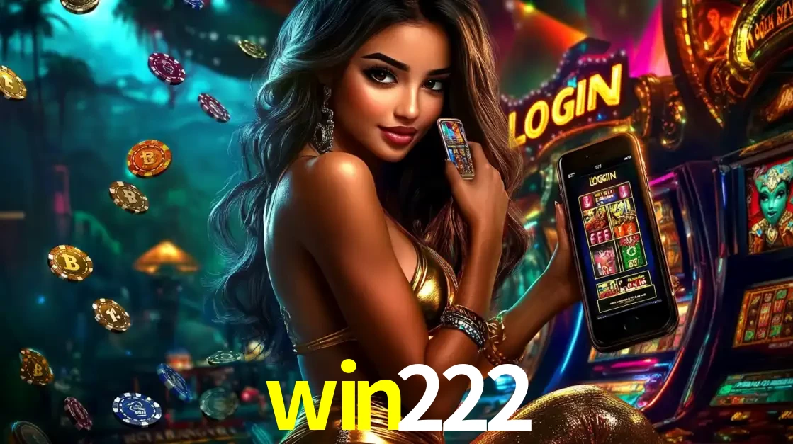 Mulher em um cenário de cassino temático de aventura, mostrando o app de caça-níqueis da win222 no celular. Fichas de apostas flutuam ao redor.
