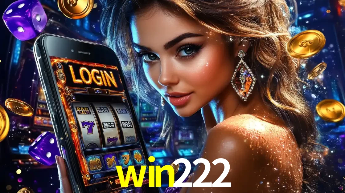 Mulher glamorosa segurando um smartphone com a tela de login para os jogos de caça-níqueis do cassino online win222, com moedas de ouro e dados ao redor.