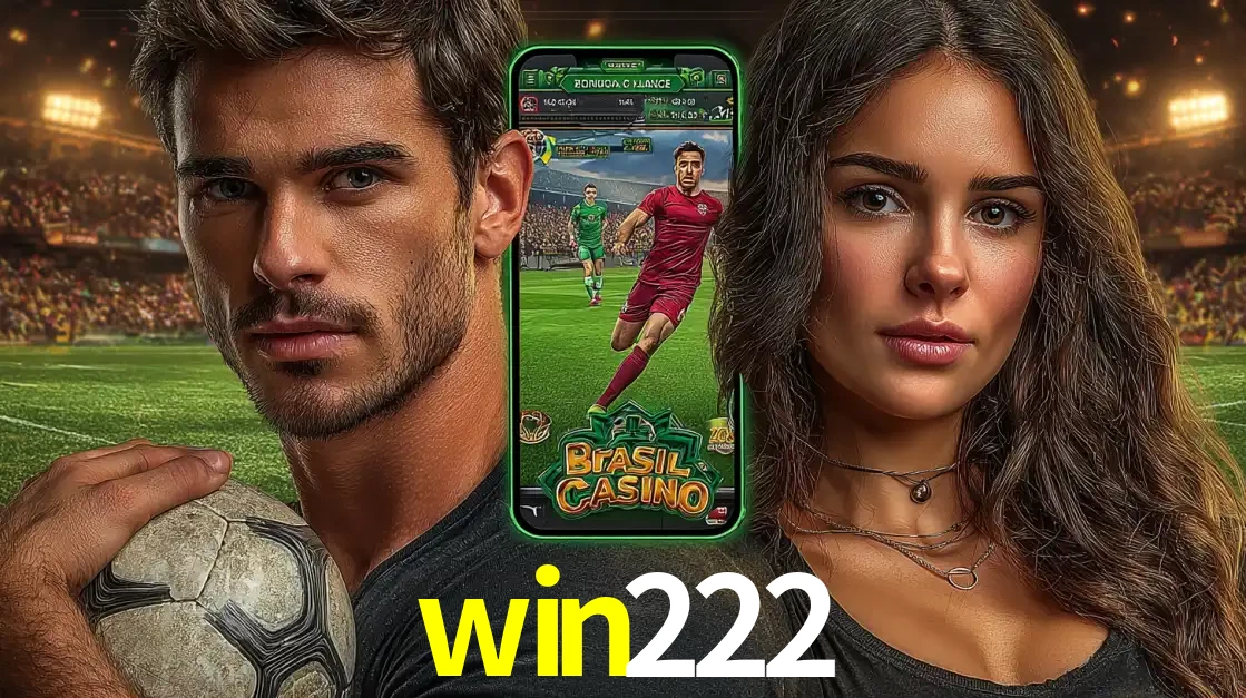 Homem segurando uma bola de futebol e uma mulher ao lado de um smartphone exibindo o jogo de apostas esportivas da win222. Faça seu palpite no cassino online.